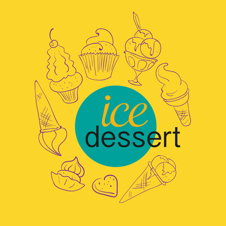 Vector hand drawn ice cream pattern. Brown stroke illustration. Dessert ornament with ice cream, pear, cherry, strawberry, chocolate and cupcake. Good for menu cover, print design, 
postcard template.のイラスト素材
