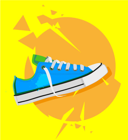 Flat modern illustration with sport shoe on grunge yellow and orange dynamic grunge background. Good for print design, advertisement and any graphic design.のイラスト素材