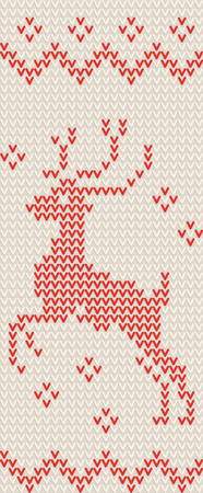 Vector knitted mosaic sweater pattern with red deer on light colored woolen background. Good for new year postcard template or print design.のイラスト素材