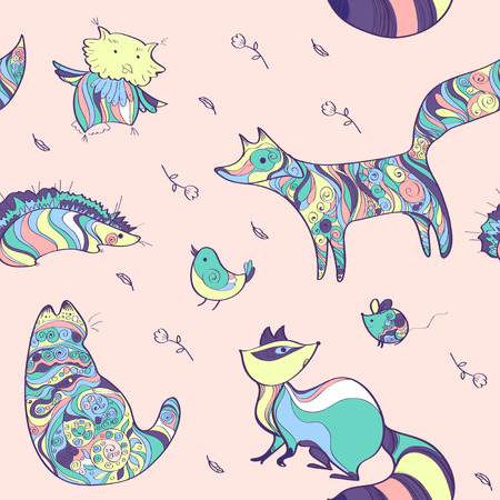 Seamless vector animal pattern. Doodling animal set on light backdrop. Hand draw cute animal sketch. Set of vector animals. Good for print or packaging design.のイラスト素材