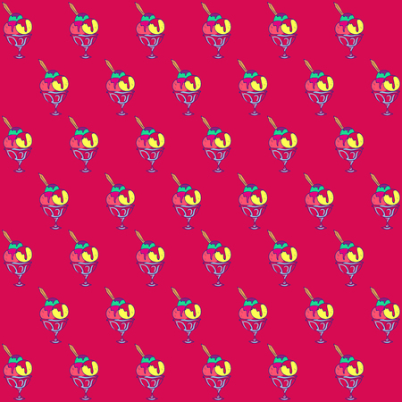 Vector hand drawn ice cream pattern. Brown stroke illustration. Dessert ornament with ice cream, pear, cherry, strawberry, chocolate and cupcake. Good for menu cover, print design, postcard template.のイラスト素材