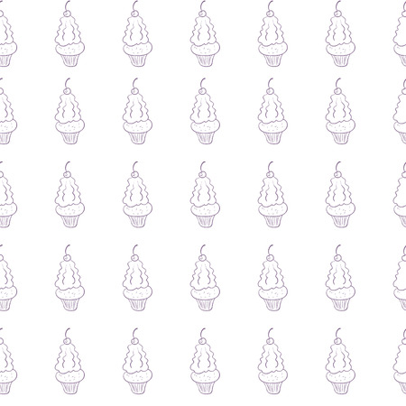 Vector hand drawn ice cream pattern. Brown stroke illustration. Dessert ornament with ice cream, pear, cherry, strawberry, chocolate and cupcake. Good for menu cover, print design, postcard template.のイラスト素材