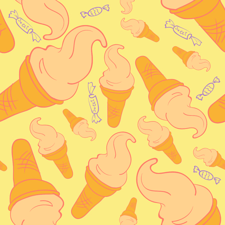 Vector hand drawn ice cream pattern. Brown stroke illustration. Dessert ornament with ice cream, pear, cherry, strawberry, chocolate and cupcake. Good for menu cover, print design, postcard template.のイラスト素材