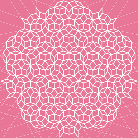 Vector flat geometric pink and white abstract background. Mosaic tiling ornament with white contour on rose backdrop. Package design.のイラスト素材