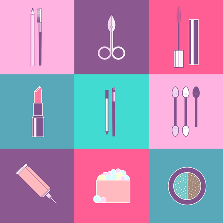 Vector cosmetics icons set. Eyebrow cosmetics and make up. Vector make up illustration.のイラスト素材