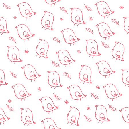 Seamless vector bird pattern. Doodle bird set. Hand draw cute bird sketch. Set of vector birds on white background. Good for card and advertising backdrop or package design.のイラスト素材
