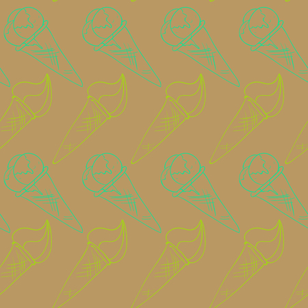 Vector hand drawn ice cream pattern. Brown stroke illustration. Dessert ornament with ice cream, pear, cherry, strawberry, chocolate and cupcake. Good for menu cover, print design, postcard template.のイラスト素材