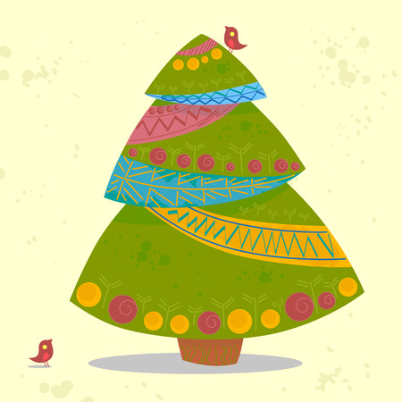 Vector flat funny new year and christmas postcard template. Cute hand drawn illustration with big new year tree decorated with toys and ribbons and two small birds on light background.のイラスト素材