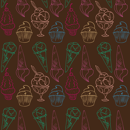 Vector hand drawn ice cream pattern. Brown stroke illustration. Dessert ornament with ice cream, pear, cherry, strawberry, chocolate and cupcake. Good for menu cover, print design, postcard template.のイラスト素材