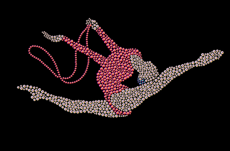 Portrait of jumping gymnastics with rope made with bright colored rhinestones on black backdrop.の写真素材
