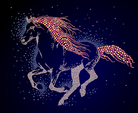 Hand made portrait of running horse with long tail and mane. Colorful rhinestone pattern. Diamond and crystal picture of wild animal on black backdrop. Good for print design, advertisement, packaging, book or journal illustration.の写真素材