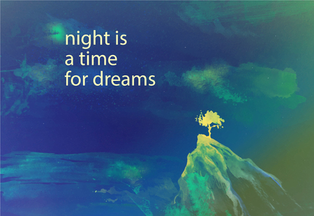 Vector watercolor illustration of seascape with alone tree standing on the rock across the sea under the stars in night sky with text place. Good for postcard memory design or book illustration.の写真素材