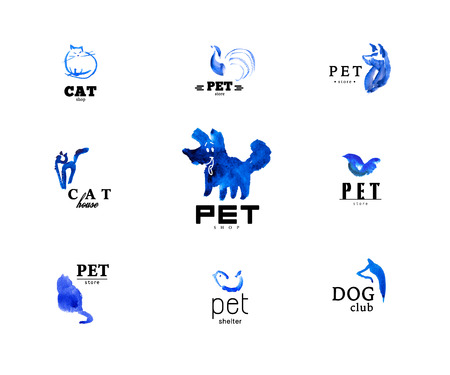 Set of watercolor animal logo ixolated on white background. Hand drawn blue colored logo design for pet industry. Cute animal illustrations.の写真素材