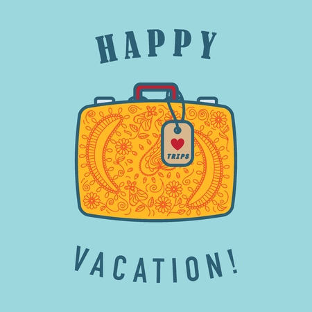Vector illustration of travel suitcase with text message. Stroke bags icon, flat design. Warm postcard template.の写真素材