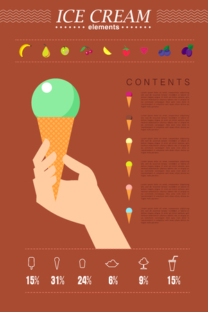 Vector flat summer illustration with ice cream varieties, hands and infographics and recipes elements.の写真素材