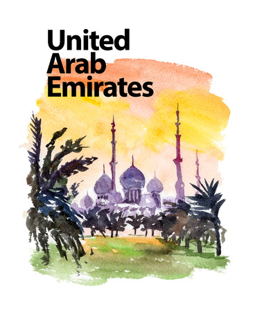 Vector watercolor illustration of United Arab Emirates castle view on sunset sightseeings with text place. Good for warm memory postcard design, any graphic design or book illustration.の写真素材
