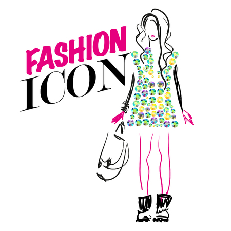 Vector portrait of stylish girl on white background with text. Fashion illustration. Rhinestone applique and picture element.の写真素材