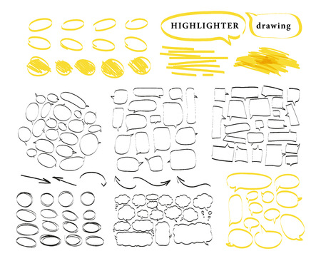 Vector set of hand drawn doodle elements. Text bubbles and balloons, frames and arrows isolated on light backdrop. Colorful paint drops. Elements for comic art design..の写真素材