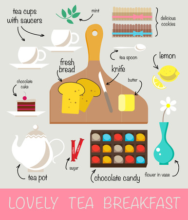Flat vector illustration of sorted and signed delicious morning tea or coffee breakfast food and drink elements. Good for internet, book or journal/magazine illustration.の写真素材