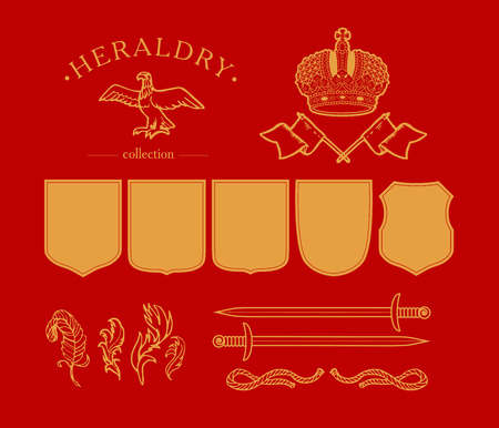 Vector elements coat of arms design template. Crown, shield, sword, circle, sun, garland, flag, rope, feather icons isolated.の写真素材