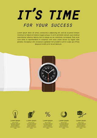 Vector flat business illustration of marketing strategy with hand, watch, marketing icons and text message. Good for magazine, journal or internet article.の写真素材