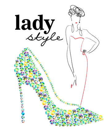 Vector portrait of stylish girl on white background with text. Fashion illustration. Rhinestone applique and picture element.の写真素材