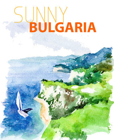 Vector watercolor illustration of sunny bulgaria sea coast sightseeings with text place. Good for warm memory postcard design, any graphic design or book illustration.の写真素材