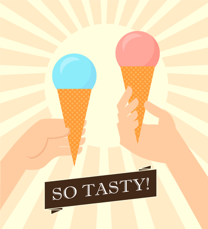 Vector flat summer illustration with ice cream and hands. Ice cream icon design template. Friendly and warm.の写真素材