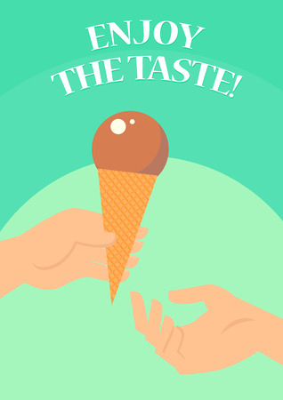 Vector flat summer illustration with ice cream and hands. Ice cream icon design template. Friendly and warm.の写真素材
