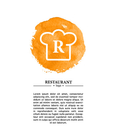 Food logo template with hand drawn watercolor backdrop and symbol icon isolated on white background.の写真素材