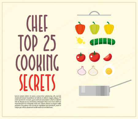 Flat vector food illustration with text space and message, frying pan, set of grouped vegetables and other dish ingredients on yellow background. Good for magazine, internet or book article.の写真素材