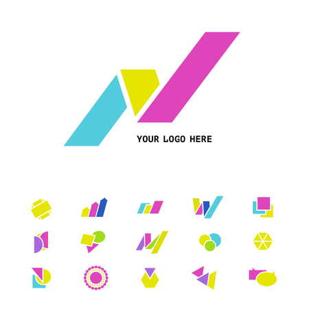 Collection of vector abstract flat logo with arrows, letters, triangles, diagrams, circles, stars, text boxes. Set of geometric icons. May be used for any business or industry company identity.の写真素材