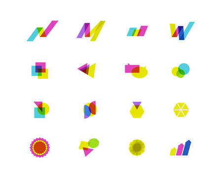 Collection of vector abstract transparent logo with arrows, letters, triangles, diagrams, circles, stars, text boxes. Set of geometric icons. May be used for any business or industry company identity.の写真素材