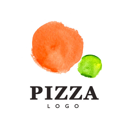Pizza logo template with hand drawn watercolor backdrop and symbol icon isolated on white background.の写真素材