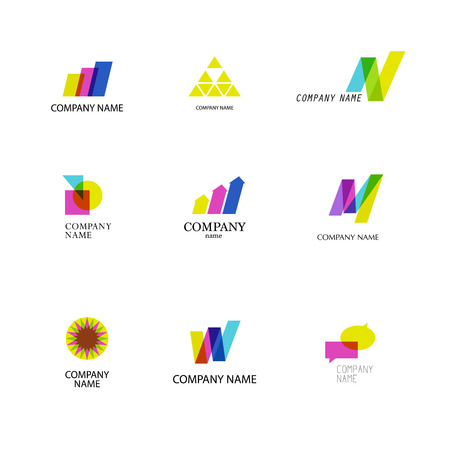 Collection of vector abstract transparent logo with arrows, letters, triangles, diagrams, circles, stars, text boxes. Set of geometric icons. May be used for any business or industry company identity.の写真素材