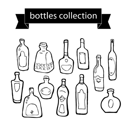 Vector collection of different shaped bottles on white background. Black stroke. Black contour.の写真素材