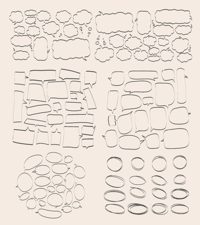 Vector set of hand drawn doodle elements. Text bubbles and balloons, frames and arrows isolated on light backdrop. Colorful paint drops. Elements for comic art design..の写真素材