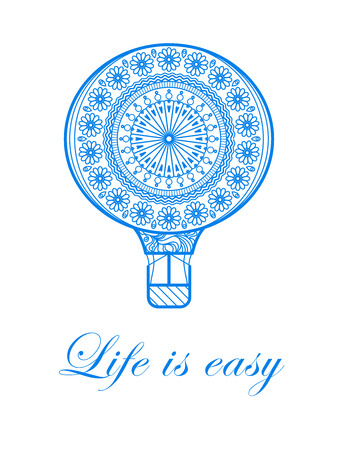 Vector illustration with air balloon and text message on white background. Floral blue stroke ornament decoration.の写真素材