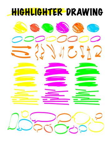 Vector set of hand drawn doodle elements. Text bubbles and balloons, frames and arrows isolated on light backdrop. Colorful paint drops. Elements for comic art design..の写真素材