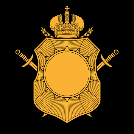 Vector coat of arms design template. Crown, shield, sword, circle, sun, garland icons isolated.の写真素材