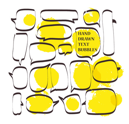 Vector set of hand drawn doodle elements. Text bubbles and balloons, frames and arrows isolated on light backdrop. Colorful paint drops. Elements for comic art design..の写真素材