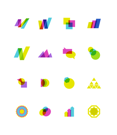 Collection of vector abstract transparent logo with arrows, letters, triangles, diagrams, circles, stars, text boxes. Set of geometric icons. May be used for any business or industry company identity.の写真素材