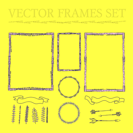 Vector set of hand drawn floral squared and rounded frames and decorative elements and ornaments. Arrows and ribbons collection. Floral branches and elements. Good for poster and wedding card design and book illustration, any text design.のイラスト素材