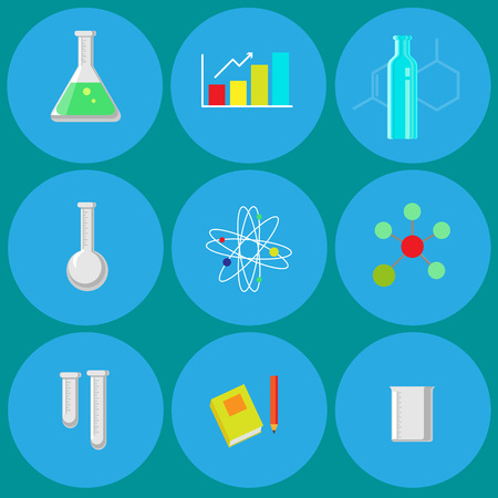 Chemistry flat icons collection. Infographics illustration. Medical methods and technology. Science flat illustration design with squared and round diagrams, formulas, elements, atom, glass bottles and text space.のイラスト素材