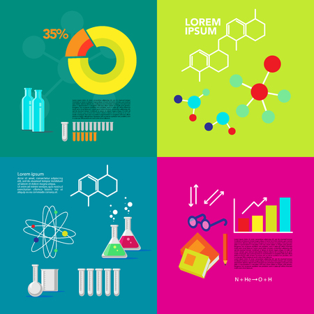 Chemistry flat icons collection. Infographics illustration. Medical methods and technology. Science flat illustration design with squared and round diagrams, formulas, elements, atom, glass bottles and text space.のイラスト素材