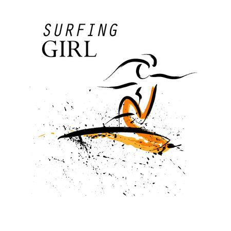 Vector hand drawn surfing girl athlete. Sportsman sketches. Ink drawing. Good for advertising, print design, magazine illustration.のイラスト素材
