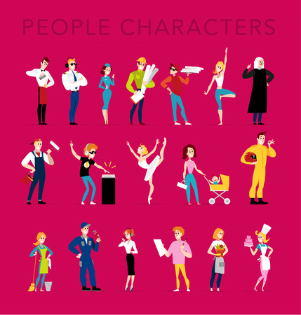 Vector flat profession characters. Human profession icon. Friendly, happy people portrait.  Business team, working group, crew people set. Woman, girl, lady icon. Man, boy, guy icon. Cartoon style.のイラスト素材