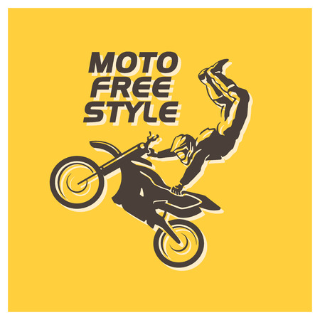 Vector flat moto free style racer icon isolated on yellow background. Sportsman, athlete jumping with motorcycle. Extreme sport. Sport banner, advertisement, flayer, leaflet, card design.のイラスト素材