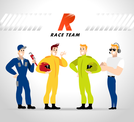 Vector flat profession characters. Human profession icon. Friendly, happy people portrait.  Sport race team, car service group, people set. Auto logo, insignia. Man, boy, guy icon. Cartoon style.のイラスト素材