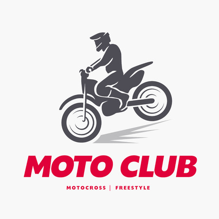 Vector flat moto free style racer icon isolated on white background. Sportsman, athlete jumping with motorcycle. Extreme sports. Sport club banner, advertisement, flayer, leaflet, card design.のイラスト素材